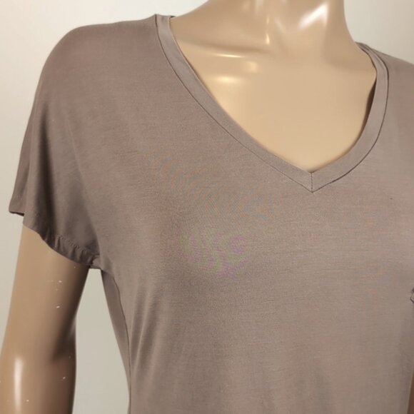 Bedo Femme Sequin Pocket Top Vneck Short Sleeve Dolman Tshirt Brown Gold Modal - Picture 3 of 9
